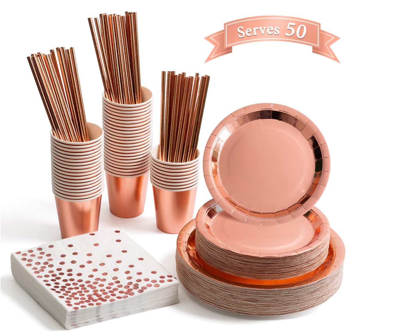 Rose Gold Dots 50 Dinner Plates 50 Dessert Plates 50 Paper Straws and 50 9 oz Cups Biodegradable Heavy Duty for Birthday Wedding Party 200PCS Disposable Paper Plates Party Supplies 